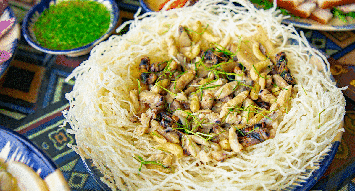 Assiette de pâtes agrémentée d'insectes
